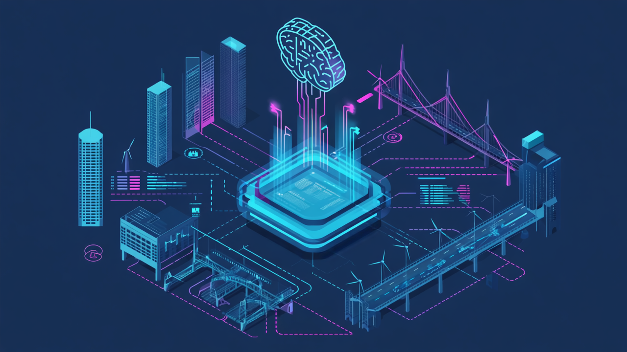 A modern 2D vector illustration showing the growing complexity in construction, infrastructure, and energy buildings, bridges, roads, and wind turbines connected by multiple dotted lines and regulator